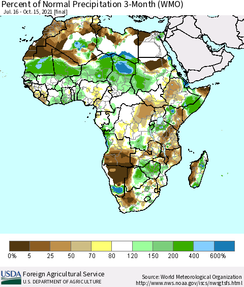 Africa Percent of Normal Precipitation 3-Month (WMO) Thematic Map For 7/16/2021 - 10/15/2021
