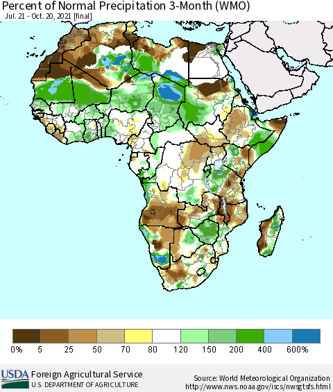 Africa Percent of Normal Precipitation 3-Month (WMO) Thematic Map For 7/21/2021 - 10/20/2021