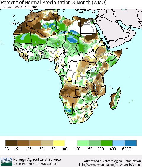 Africa Percent of Normal Precipitation 3-Month (WMO) Thematic Map For 7/26/2021 - 10/25/2021