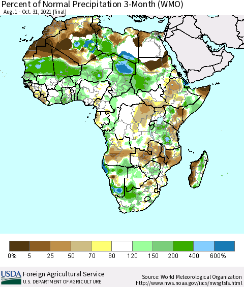Africa Percent of Normal Precipitation 3-Month (WMO) Thematic Map For 8/1/2021 - 10/31/2021