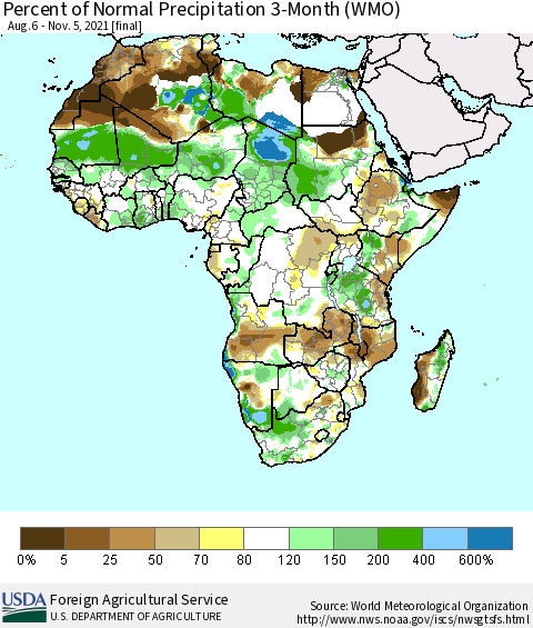 Africa Percent of Normal Precipitation 3-Month (WMO) Thematic Map For 8/6/2021 - 11/5/2021