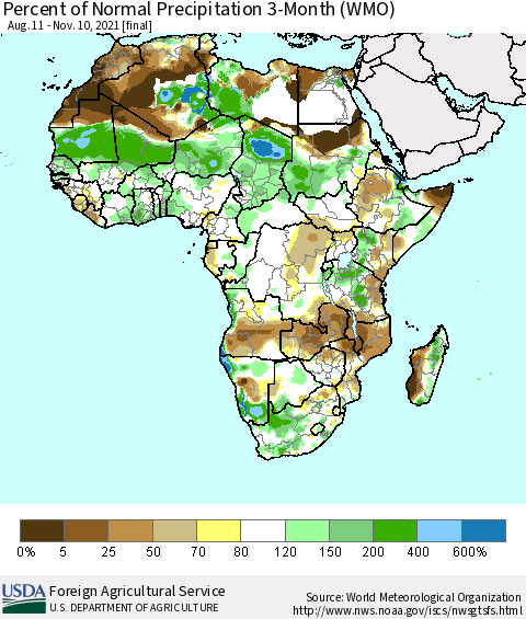 Africa Percent of Normal Precipitation 3-Month (WMO) Thematic Map For 8/11/2021 - 11/10/2021