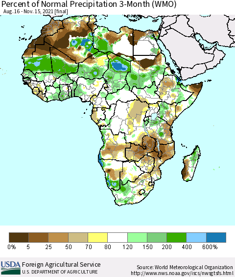 Africa Percent of Normal Precipitation 3-Month (WMO) Thematic Map For 8/16/2021 - 11/15/2021