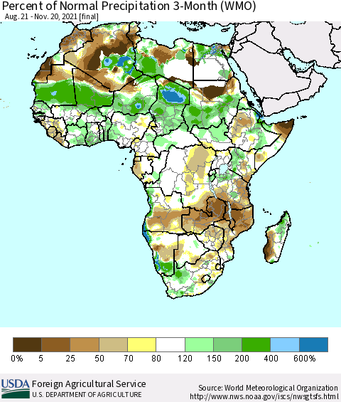 Africa Percent of Normal Precipitation 3-Month (WMO) Thematic Map For 8/21/2021 - 11/20/2021