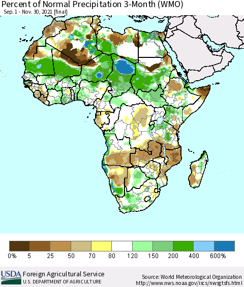 Africa Percent of Normal Precipitation 3-Month (WMO) Thematic Map For 9/1/2021 - 11/30/2021