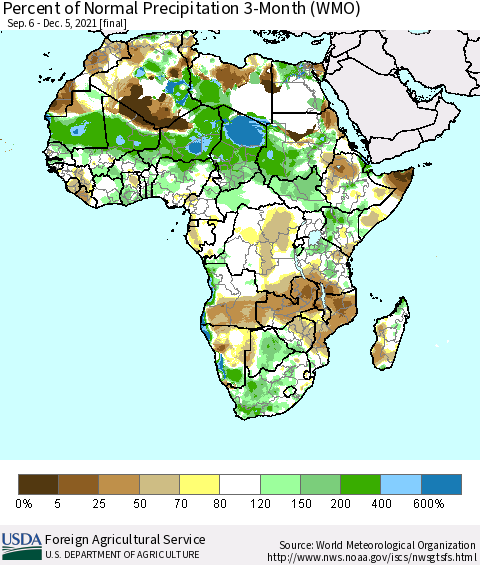 Africa Percent of Normal Precipitation 3-Month (WMO) Thematic Map For 9/6/2021 - 12/5/2021