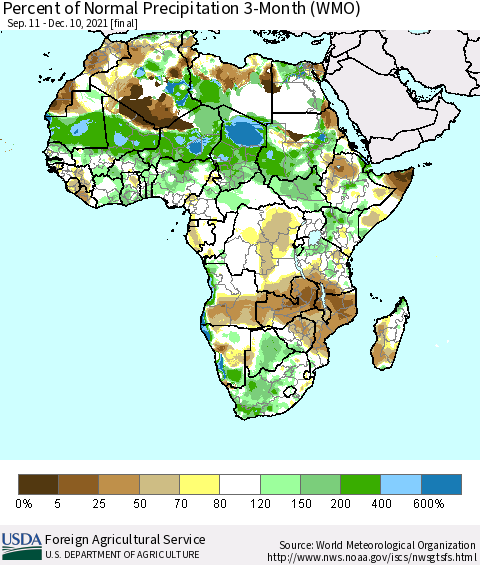 Africa Percent of Normal Precipitation 3-Month (WMO) Thematic Map For 9/11/2021 - 12/10/2021