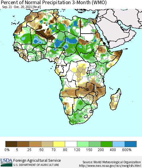 Africa Percent of Normal Precipitation 3-Month (WMO) Thematic Map For 9/21/2021 - 12/20/2021