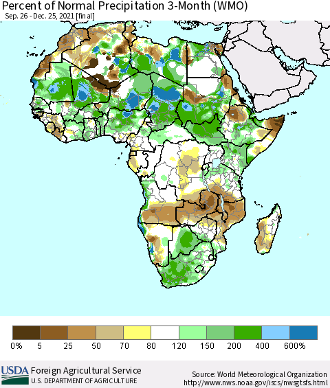 Africa Percent of Normal Precipitation 3-Month (WMO) Thematic Map For 9/26/2021 - 12/25/2021