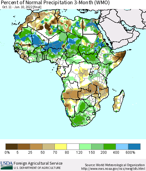 Africa Percent of Normal Precipitation 3-Month (WMO) Thematic Map For 10/11/2021 - 1/10/2022