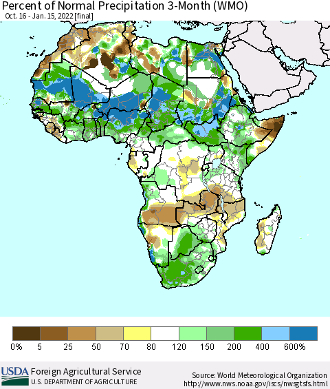 Africa Percent of Normal Precipitation 3-Month (WMO) Thematic Map For 10/16/2021 - 1/15/2022