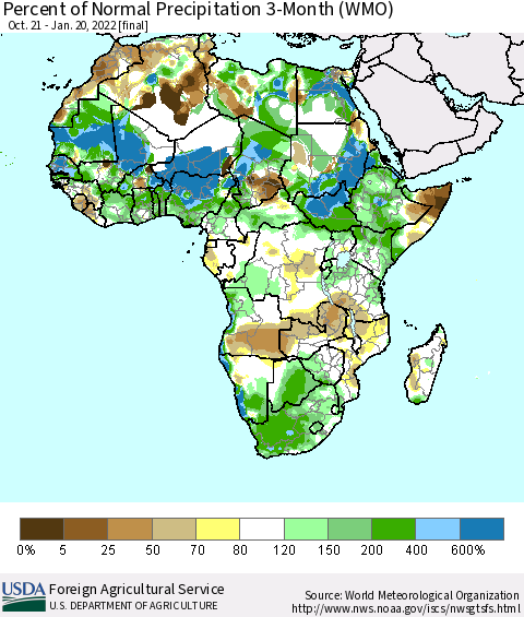 Africa Percent of Normal Precipitation 3-Month (WMO) Thematic Map For 10/21/2021 - 1/20/2022