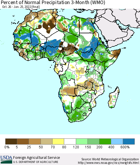 Africa Percent of Normal Precipitation 3-Month (WMO) Thematic Map For 10/26/2021 - 1/25/2022