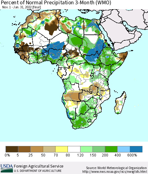 Africa Percent of Normal Precipitation 3-Month (WMO) Thematic Map For 11/1/2021 - 1/31/2022