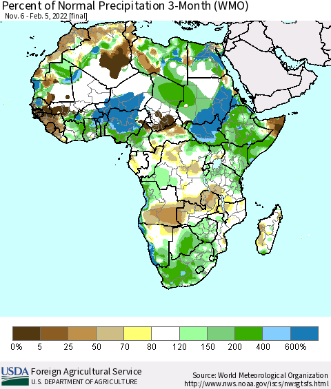 Africa Percent of Normal Precipitation 3-Month (WMO) Thematic Map For 11/6/2021 - 2/5/2022