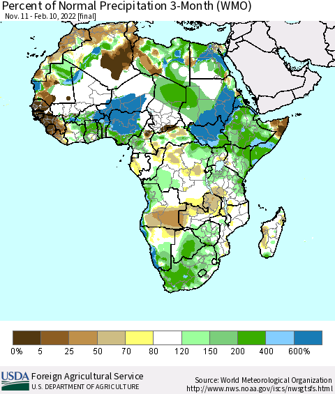 Africa Percent of Normal Precipitation 3-Month (WMO) Thematic Map For 11/11/2021 - 2/10/2022