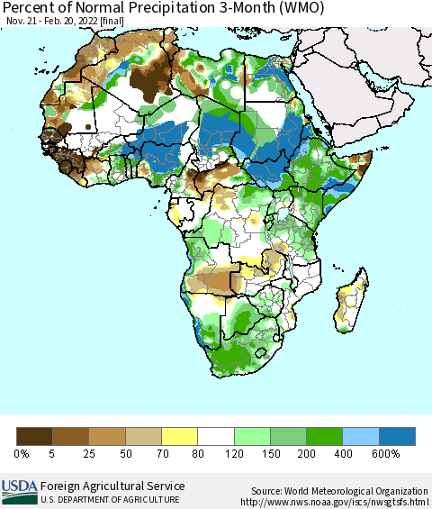 Africa Percent of Normal Precipitation 3-Month (WMO) Thematic Map For 11/21/2021 - 2/20/2022