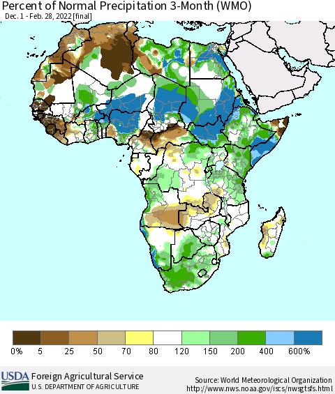 Africa Percent of Normal Precipitation 3-Month (WMO) Thematic Map For 12/1/2021 - 2/28/2022