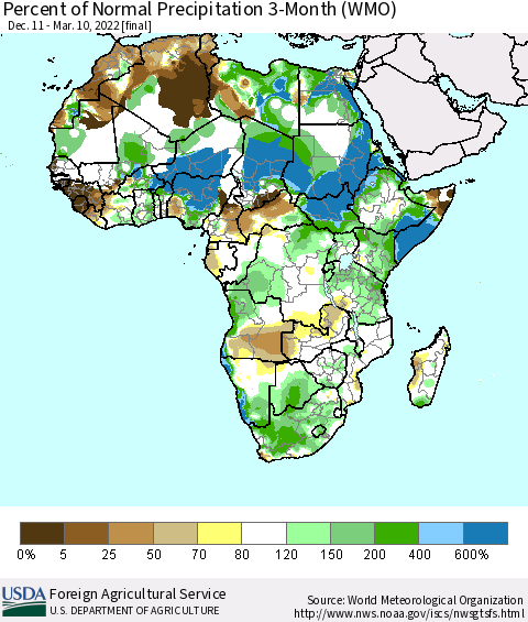 Africa Percent of Normal Precipitation 3-Month (WMO) Thematic Map For 12/11/2021 - 3/10/2022