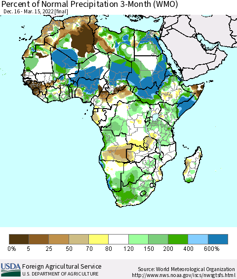 Africa Percent of Normal Precipitation 3-Month (WMO) Thematic Map For 12/16/2021 - 3/15/2022