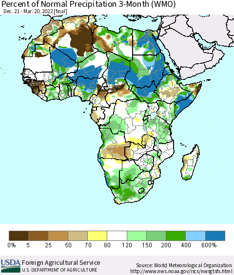 Africa Percent of Normal Precipitation 3-Month (WMO) Thematic Map For 12/21/2021 - 3/20/2022