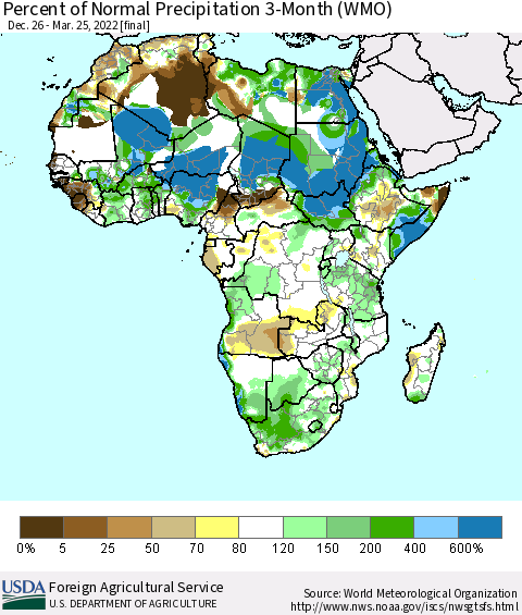 Africa Percent of Normal Precipitation 3-Month (WMO) Thematic Map For 12/26/2021 - 3/25/2022