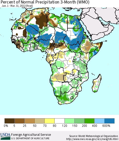 Africa Percent of Normal Precipitation 3-Month (WMO) Thematic Map For 1/1/2022 - 3/31/2022