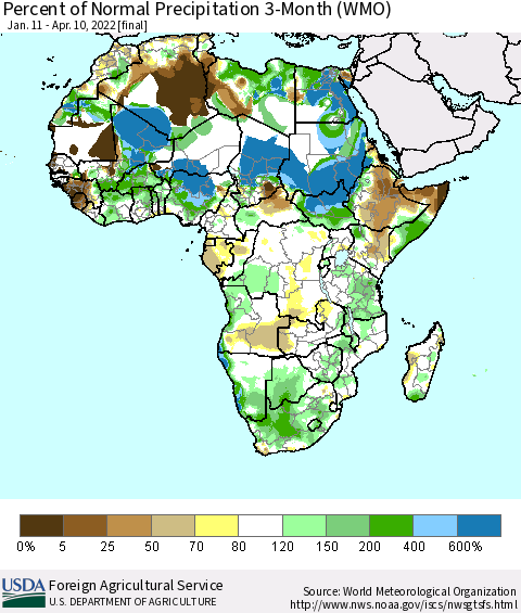 Africa Percent of Normal Precipitation 3-Month (WMO) Thematic Map For 1/11/2022 - 4/10/2022