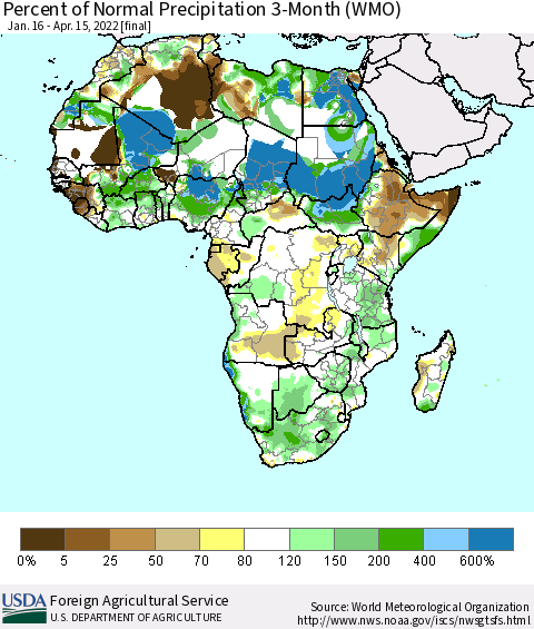 Africa Percent of Normal Precipitation 3-Month (WMO) Thematic Map For 1/16/2022 - 4/15/2022