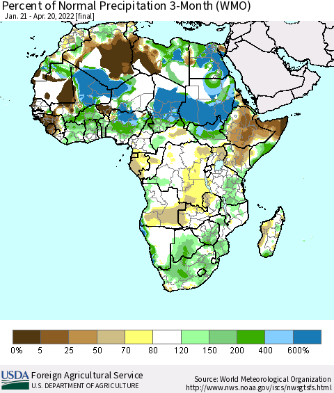 Africa Percent of Normal Precipitation 3-Month (WMO) Thematic Map For 1/21/2022 - 4/20/2022