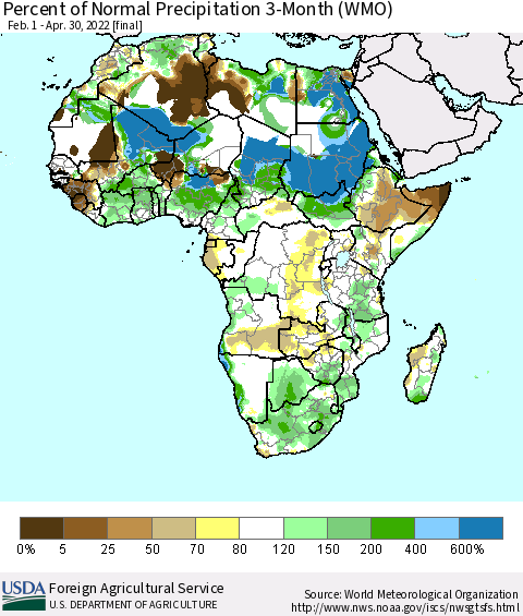 Africa Percent of Normal Precipitation 3-Month (WMO) Thematic Map For 2/1/2022 - 4/30/2022