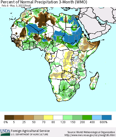 Africa Percent of Normal Precipitation 3-Month (WMO) Thematic Map For 2/6/2022 - 5/5/2022
