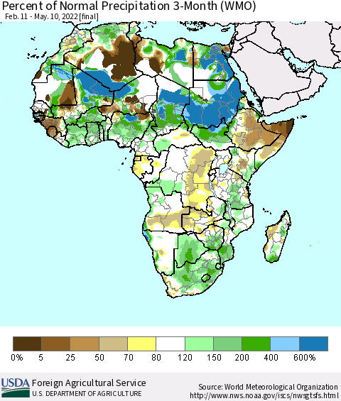Africa Percent of Normal Precipitation 3-Month (WMO) Thematic Map For 2/11/2022 - 5/10/2022
