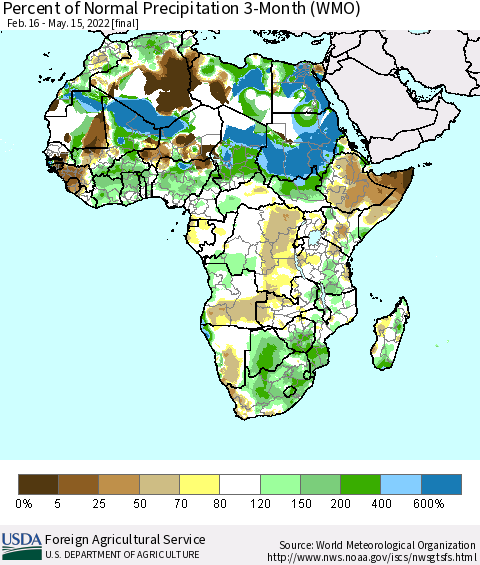Africa Percent of Normal Precipitation 3-Month (WMO) Thematic Map For 2/16/2022 - 5/15/2022