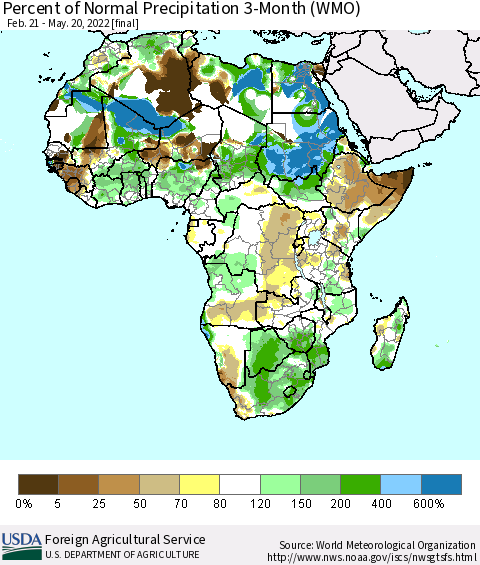 Africa Percent of Normal Precipitation 3-Month (WMO) Thematic Map For 2/21/2022 - 5/20/2022