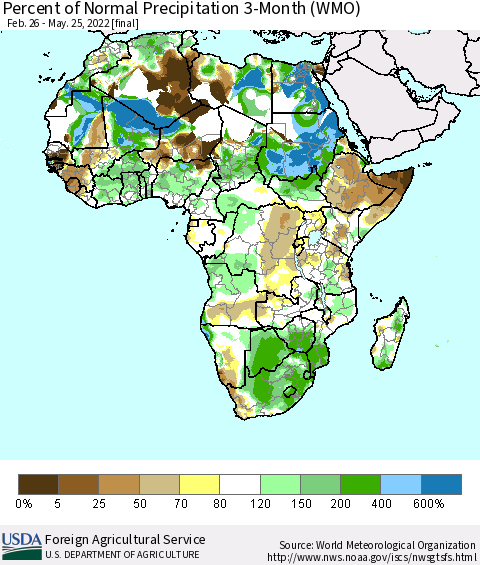 Africa Percent of Normal Precipitation 3-Month (WMO) Thematic Map For 2/26/2022 - 5/25/2022