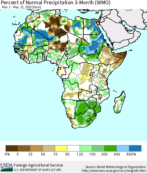 Africa Percent of Normal Precipitation 3-Month (WMO) Thematic Map For 3/1/2022 - 5/31/2022