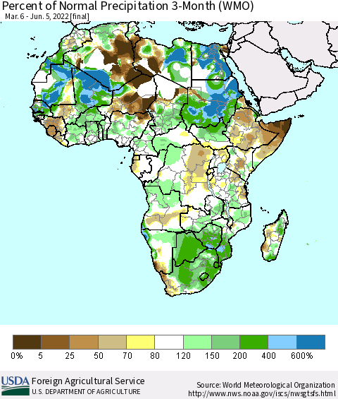 Africa Percent of Normal Precipitation 3-Month (WMO) Thematic Map For 3/6/2022 - 6/5/2022