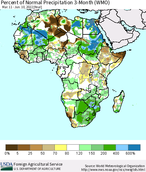 Africa Percent of Normal Precipitation 3-Month (WMO) Thematic Map For 3/11/2022 - 6/10/2022