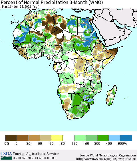 Africa Percent of Normal Precipitation 3-Month (WMO) Thematic Map For 3/16/2022 - 6/15/2022