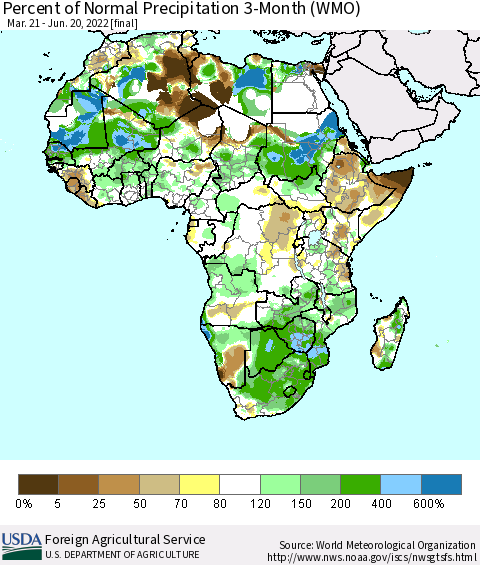 Africa Percent of Normal Precipitation 3-Month (WMO) Thematic Map For 3/21/2022 - 6/20/2022