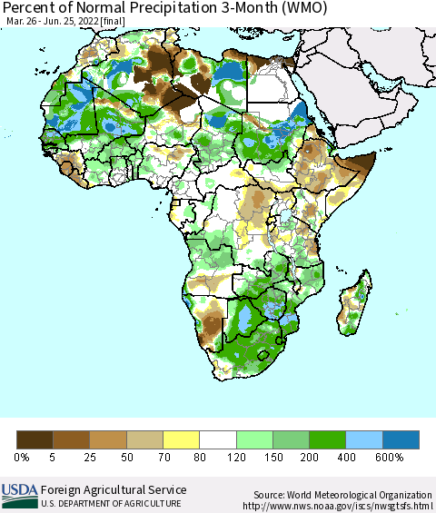 Africa Percent of Normal Precipitation 3-Month (WMO) Thematic Map For 3/26/2022 - 6/25/2022