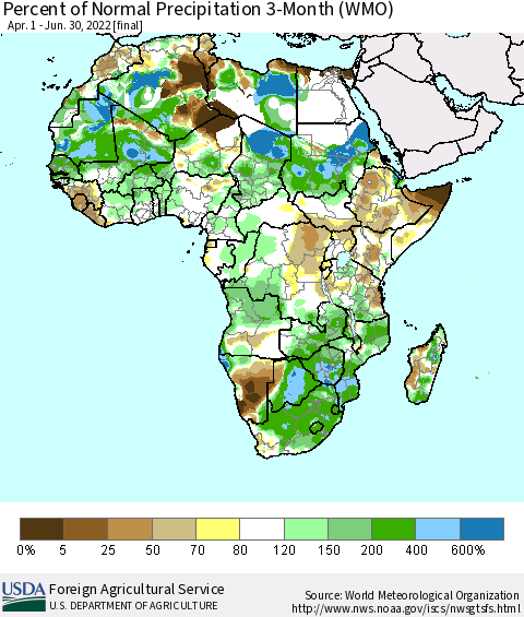 Africa Percent of Normal Precipitation 3-Month (WMO) Thematic Map For 4/1/2022 - 6/30/2022