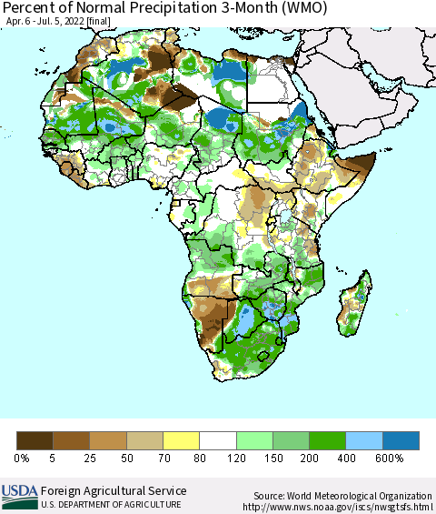 Africa Percent of Normal Precipitation 3-Month (WMO) Thematic Map For 4/6/2022 - 7/5/2022
