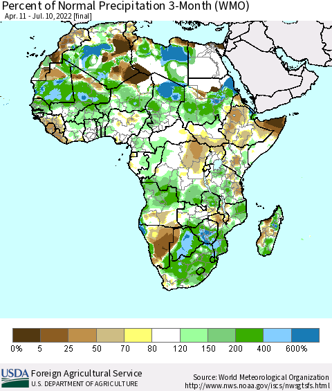 Africa Percent of Normal Precipitation 3-Month (WMO) Thematic Map For 4/11/2022 - 7/10/2022