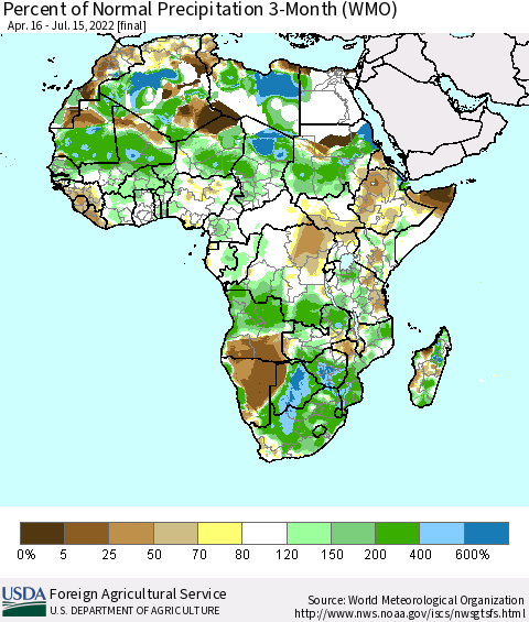 Africa Percent of Normal Precipitation 3-Month (WMO) Thematic Map For 4/16/2022 - 7/15/2022