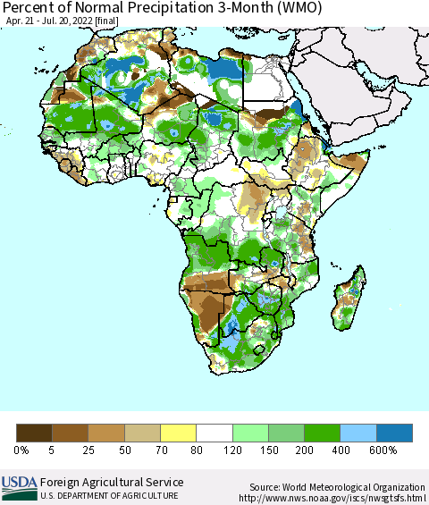 Africa Percent of Normal Precipitation 3-Month (WMO) Thematic Map For 4/21/2022 - 7/20/2022
