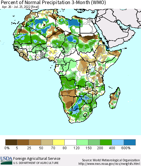 Africa Percent of Normal Precipitation 3-Month (WMO) Thematic Map For 4/26/2022 - 7/25/2022