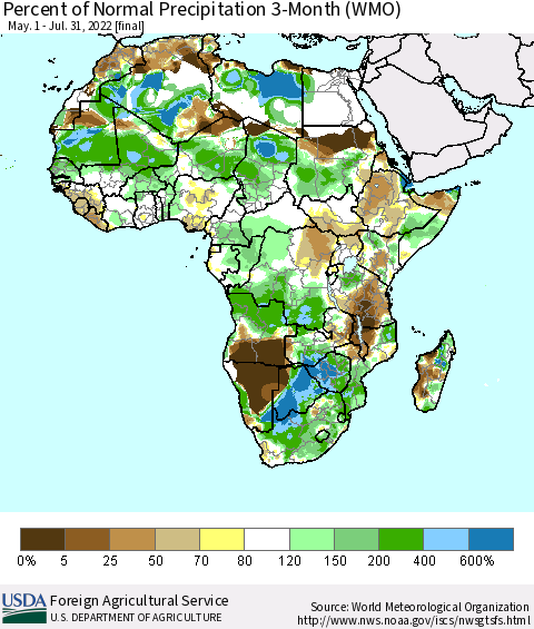 Africa Percent of Normal Precipitation 3-Month (WMO) Thematic Map For 5/1/2022 - 7/31/2022