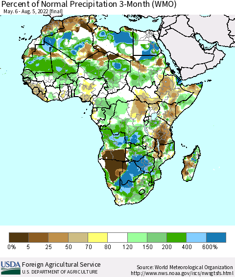 Africa Percent of Normal Precipitation 3-Month (WMO) Thematic Map For 5/6/2022 - 8/5/2022